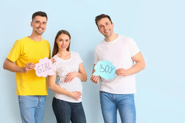 Gay Couple Pregnant Woman Written Words Girl Boy Papers Color — Stock Photo, Image