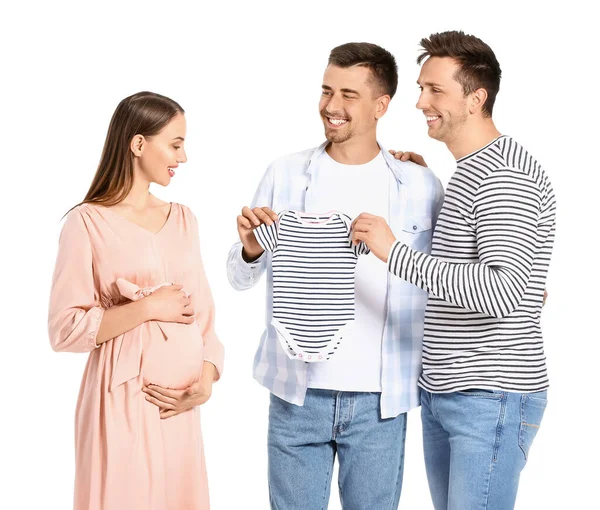 Gay Couple Pregnant Woman Baby Clothes White Background — Stock Photo, Image