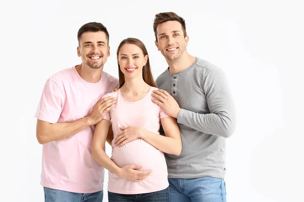 Gay Paar Met Zwanger Vrouw Wit Achtergrond — Stockfoto