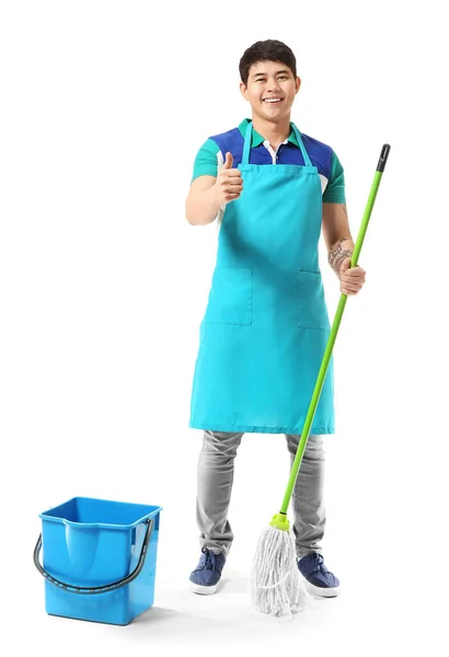 Young Asian Man Mop Showing Thumb Gesture White Background — Stock Photo, Image