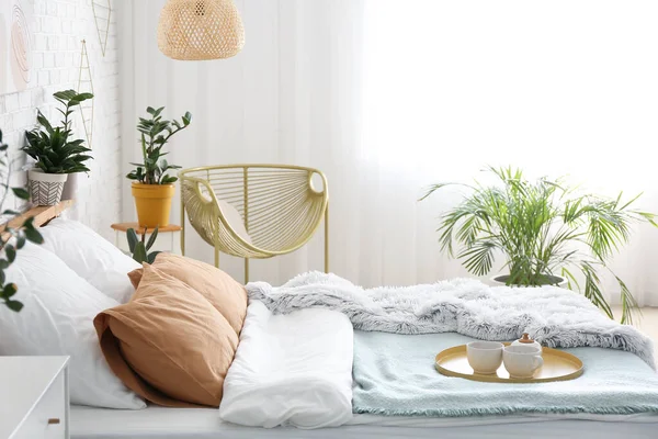 Interior Modern Stylish Bedroom Houseplants — Stock Photo, Image