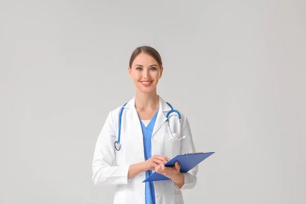 Portrait Young Female Doctor Grey Background — Stock Photo, Image