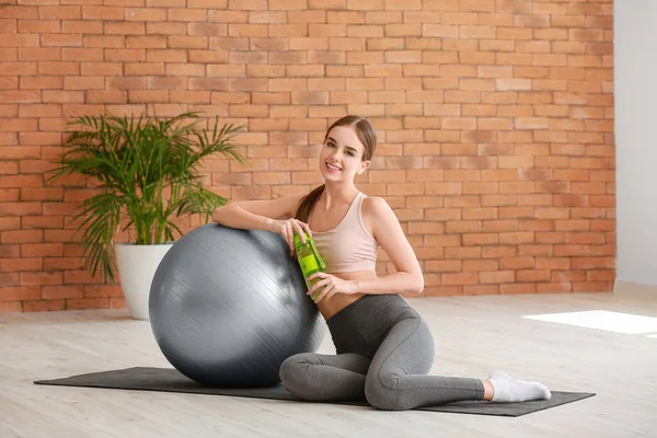Sporty Young Woman Fitball Water Gym — Stock Photo, Image
