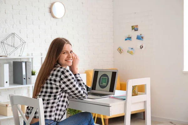 Young Female Designer Laptop Working Home — Stock Photo, Image