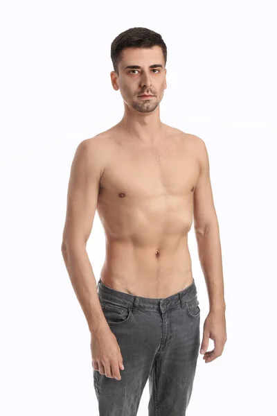 Junger Mann Mit Magersucht Auf Weißem Hintergrund — Stockfoto
