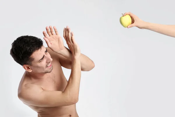 Offering Apple Scared Man Color Background Concept Anorexia — Stock Photo, Image