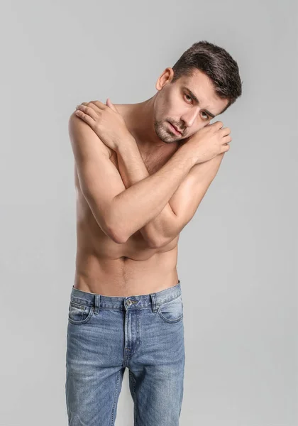 Young Man Anorexia Grey Background — Stock Photo, Image