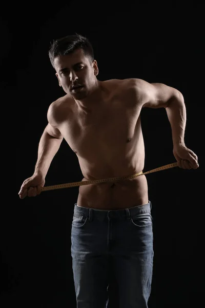 Sick Man Measuring His Waist Dark Background Concept Anorexia — Stock Photo, Image
