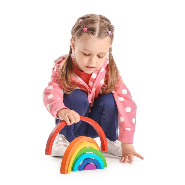 Маленька Дівчинка Іграшкою Білому Тлі — стокове фото