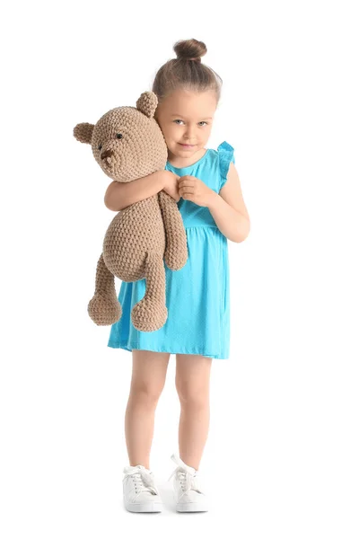 Klein Meisje Met Speelgoed Witte Achtergrond — Stockfoto