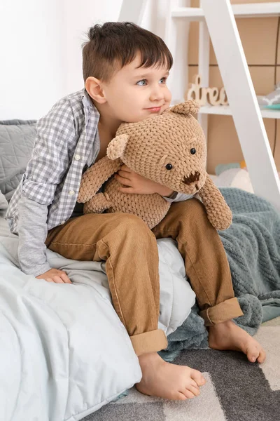 Little Boy Teddy Bear Home — Stock Photo, Image