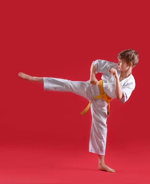 Cute Little Boy Practicing Karate Color Background — Stock Photo, Image