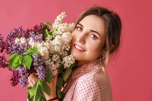 Beautiful Young Woman Lilac Flowers Color Background — Stok fotoğraf
