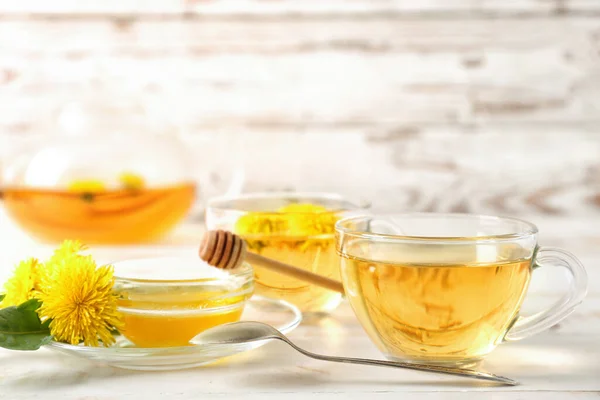 Healthy Dandelion Tea Honey White Wooden Background — Stock Photo, Image