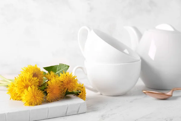 Healthy Dandelion Tea Flowers White Background — Stock Photo, Image