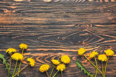 Ahşap arka planda güzel karahindibalar