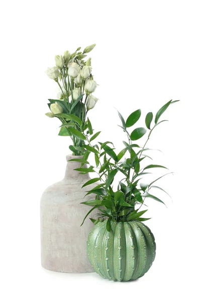 Différents Vases Avec Des Fleurs Sur Fond Blanc — Photo