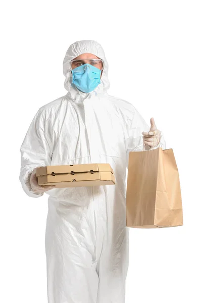 Courier Food Delivery Service Protective Suit White Background Concept Epidemic — Stock Photo, Image