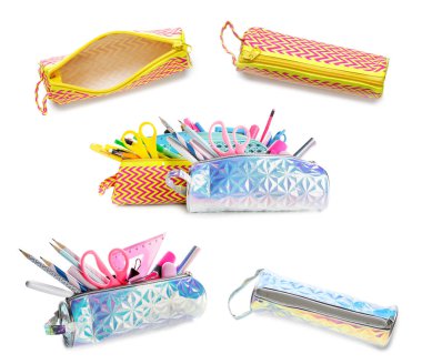 Beyaz zemin üzerinde kırtasiye malzemesi olan farklı kalem torbaları