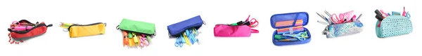 Different Pencil Bags Stationery White Background — Stock Photo, Image