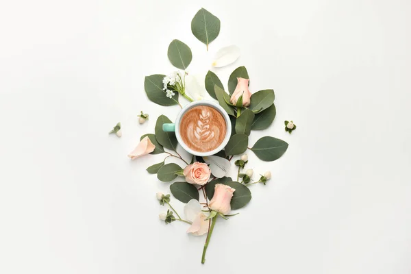 stock image Beautiful composition with cup of tasty cappuccino on white background