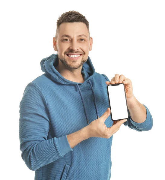 Schöner Mann Mit Handy Auf Weißem Hintergrund — Stockfoto