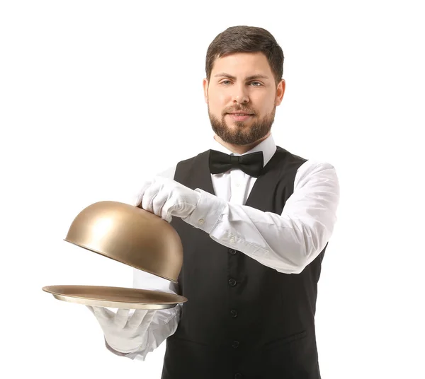 Handsome Male Waiter White Background — Stock Photo, Image