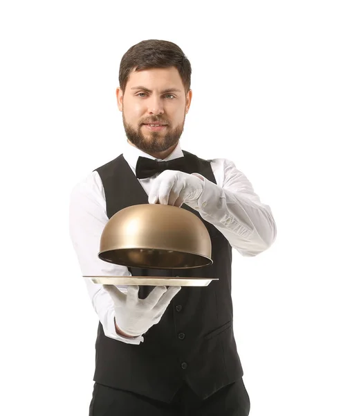 Handsome Male Waiter Tray Cloche White Background — Stock Photo, Image