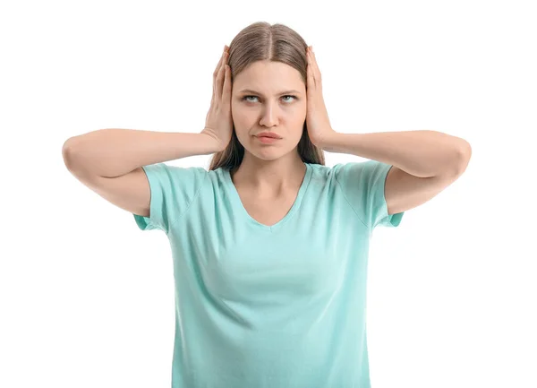 Young Woman Suffering Loud Noise White Background — Stock Photo, Image