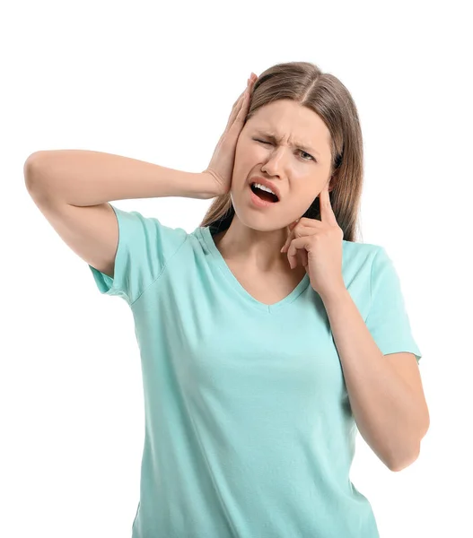 Young Woman Suffering Loud Noise White Background — Stock Photo, Image