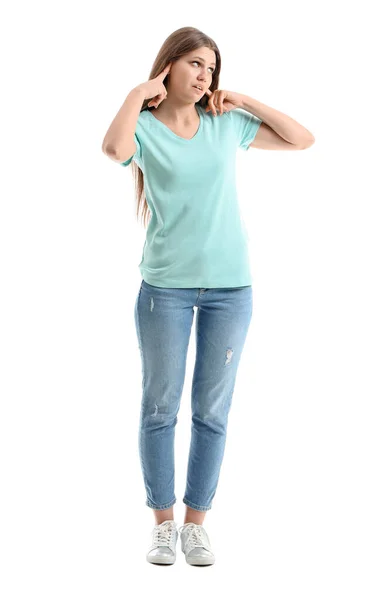 Young Woman Suffering Loud Noise White Background — Stock Photo, Image