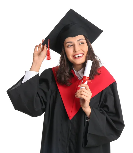 Žena Maturitní Student Diplomem Bílém Pozadí — Stock fotografie