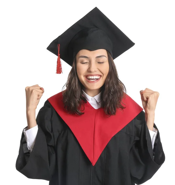 Heureuse Étudiante Diplômée Sur Fond Blanc — Photo