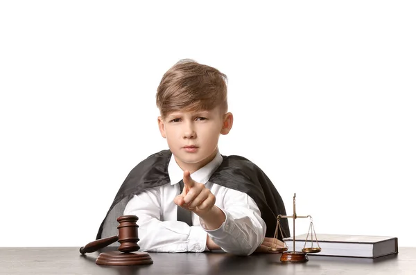 Portrait Little Judge Sitting Table White Background — Stock Photo, Image