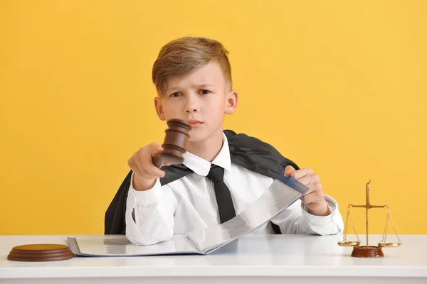 Portrait Little Judge Sitting Table Color Background — Stock Photo, Image