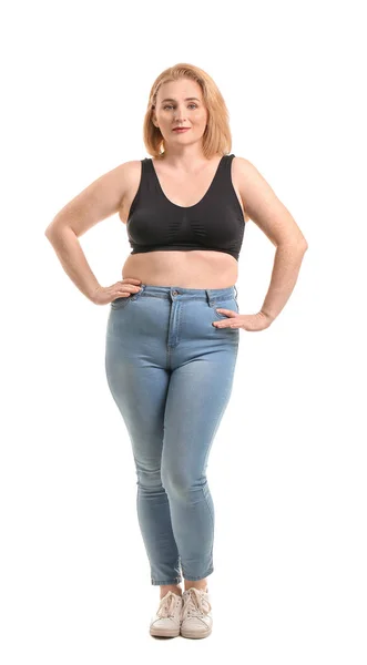 Sovrappeso Donna Sfondo Bianco — Foto Stock