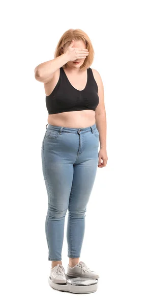 Troubled Overweight Woman Scales White Background Weight Loss Concept — Stock Photo, Image