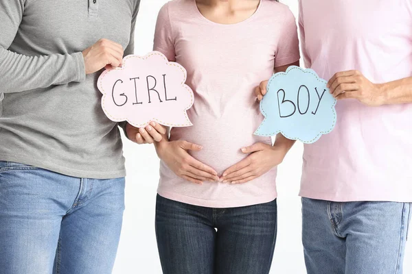 Gay Couple Pregnant Woman Written Words Girl Boy Papers White — Stock Photo, Image