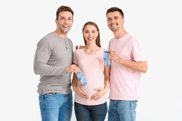 Gay Couple Pregnant Woman White Background — Stock Photo, Image