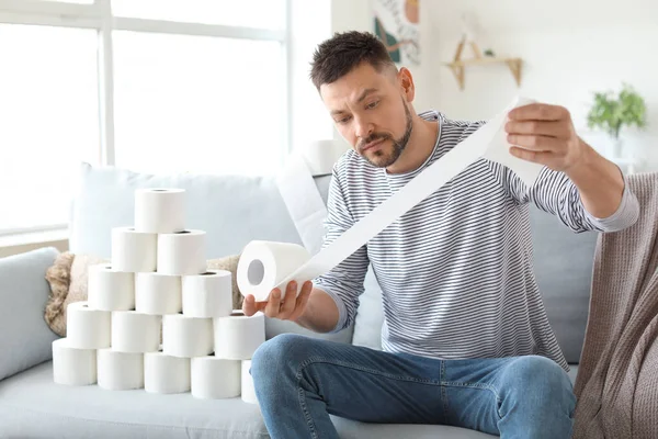 Man Heap Toilet Paper Home Concept Coronavirus Epidemic — Stock Photo, Image