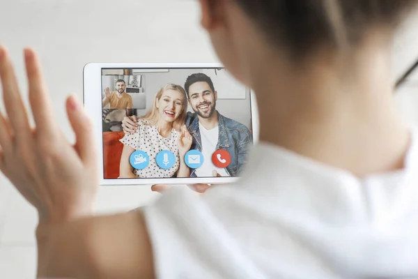 Young Woman Video Chatting Friends Home — Stock Photo, Image