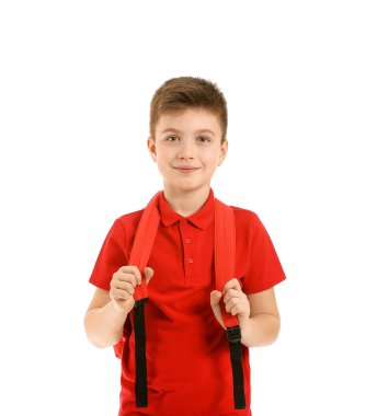 Beyaz arka planda sevimli küçük bir öğrenci.