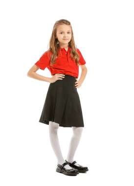 Beyaz arka planda sevimli küçük bir öğrenci.