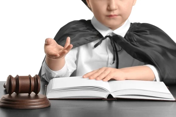 Little Judge Sitting Table White Background Closeup — Stock Photo, Image