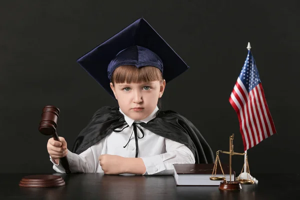 Portrait Little Judge Sitting Table Dark Background — Stock Photo, Image