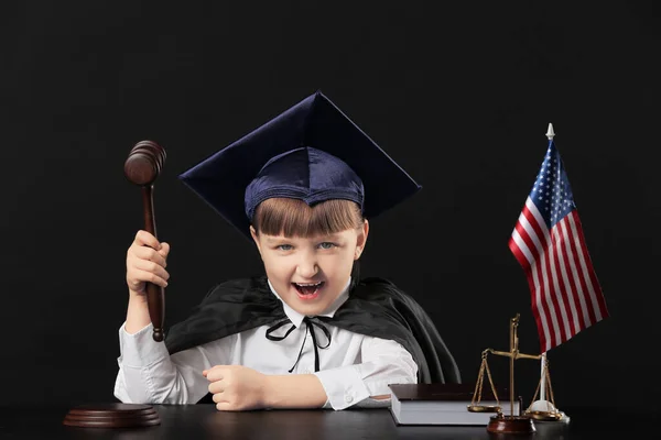 Portrait Little Judge Sitting Table Dark Background — Stock Photo, Image