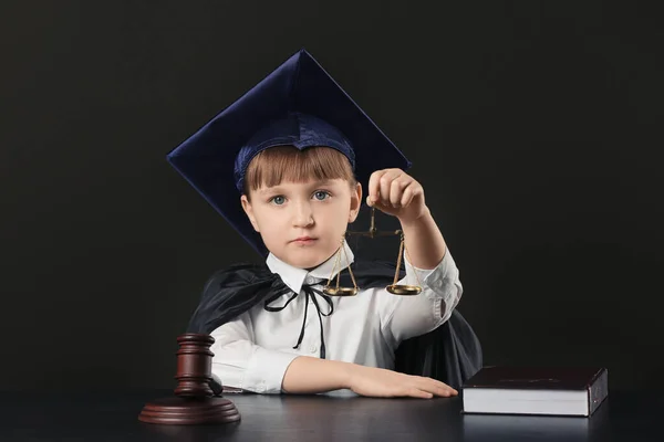 Portrait Little Judge Sitting Table Dark Background — Stock Photo, Image