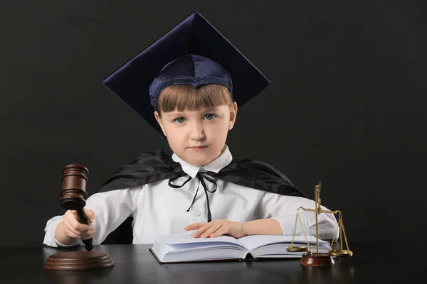 Portrait Little Judge Sitting Table Dark Background — Stock Photo, Image