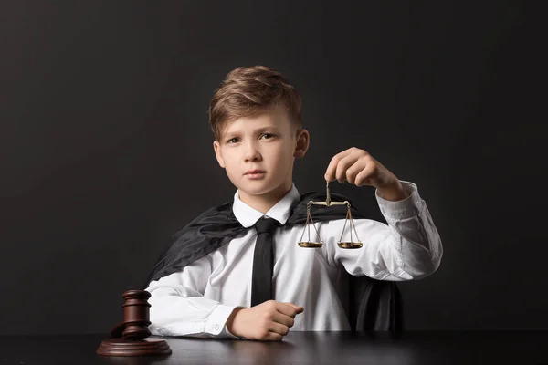 Portrait Little Judge Sitting Table Dark Background — Stock Photo, Image
