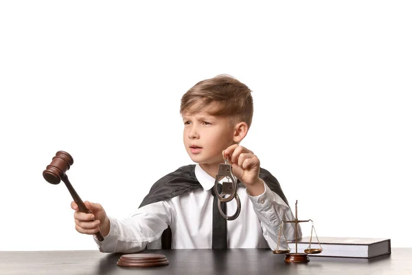 Portrait Little Judge Sitting Table White Background — Stock Photo, Image